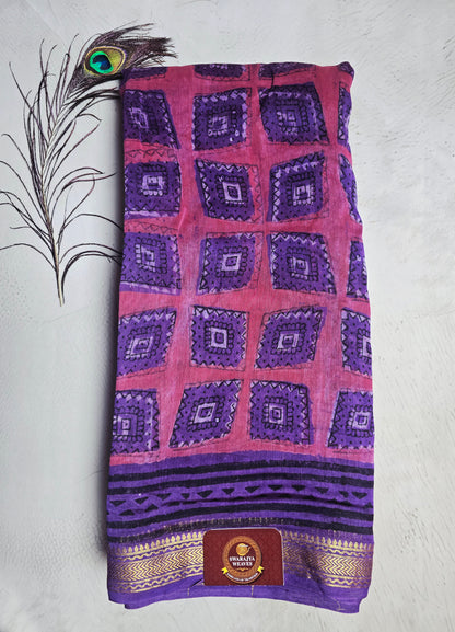 Pink & Purple Maheshwari Silk Saree with Geometric Square Motifs and Zari Border