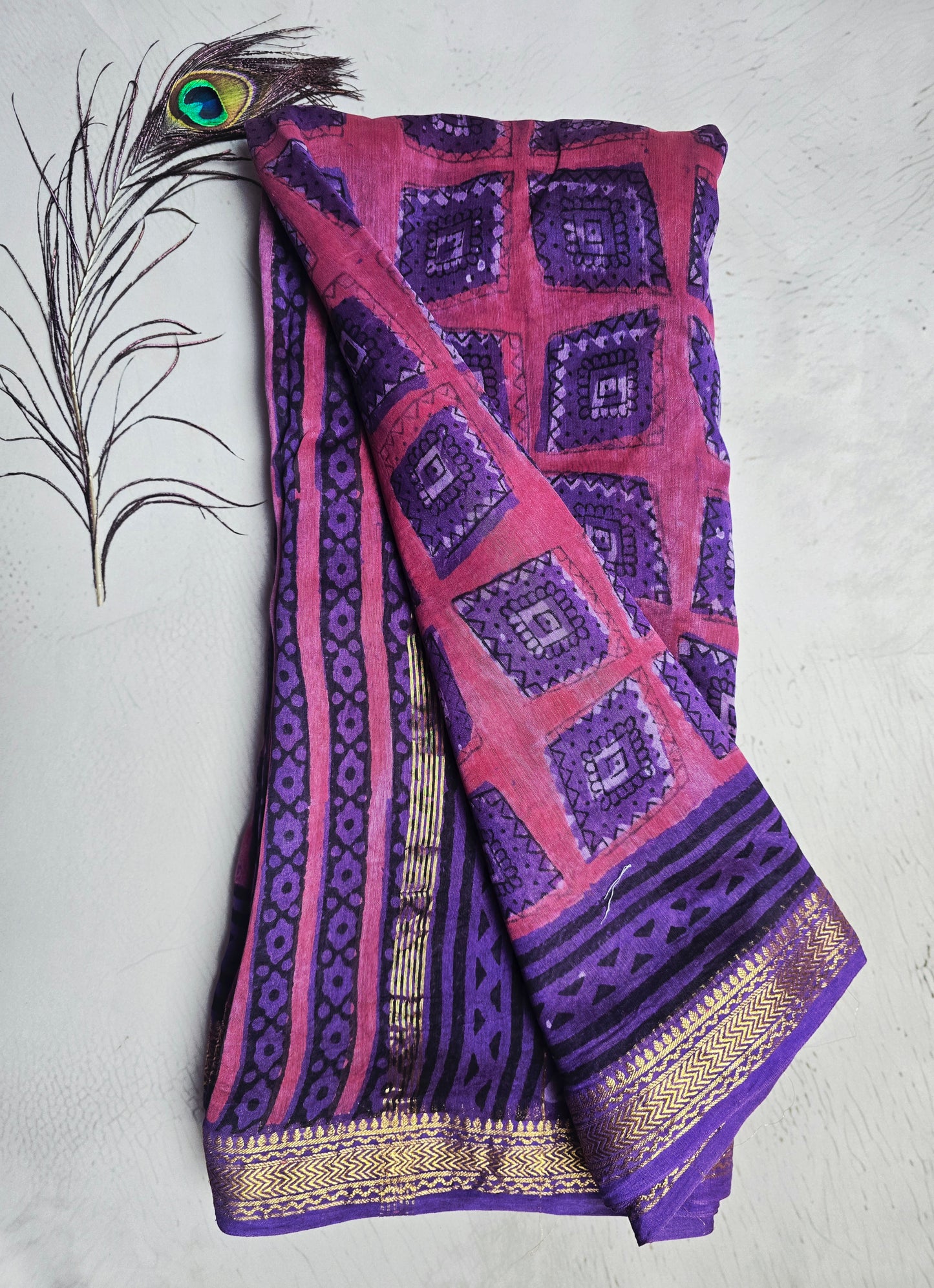 Pink & Purple Maheshwari Silk Saree with Geometric Square Motifs and Zari Border