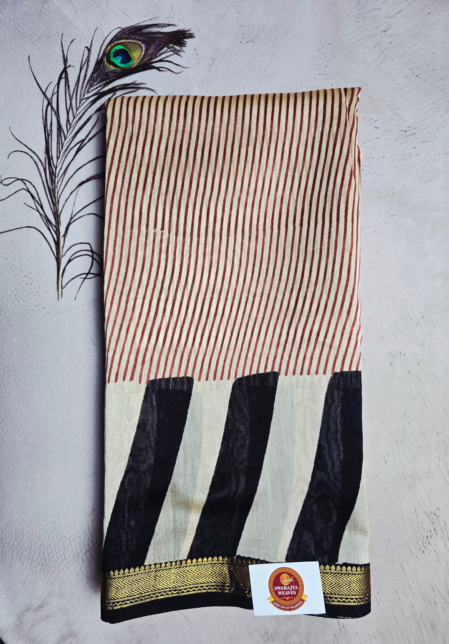 Ivory, Maroon & Black Maheshwari Silk Saree with Bold Striped Pallu and Zari Border
