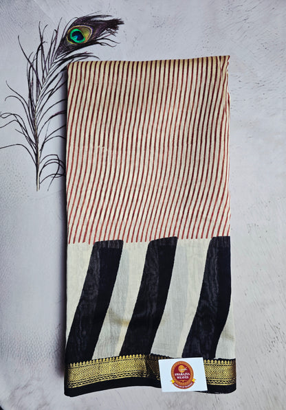 Ivory, Maroon & Black Maheshwari Silk Saree with Bold Striped Pallu and Zari Border