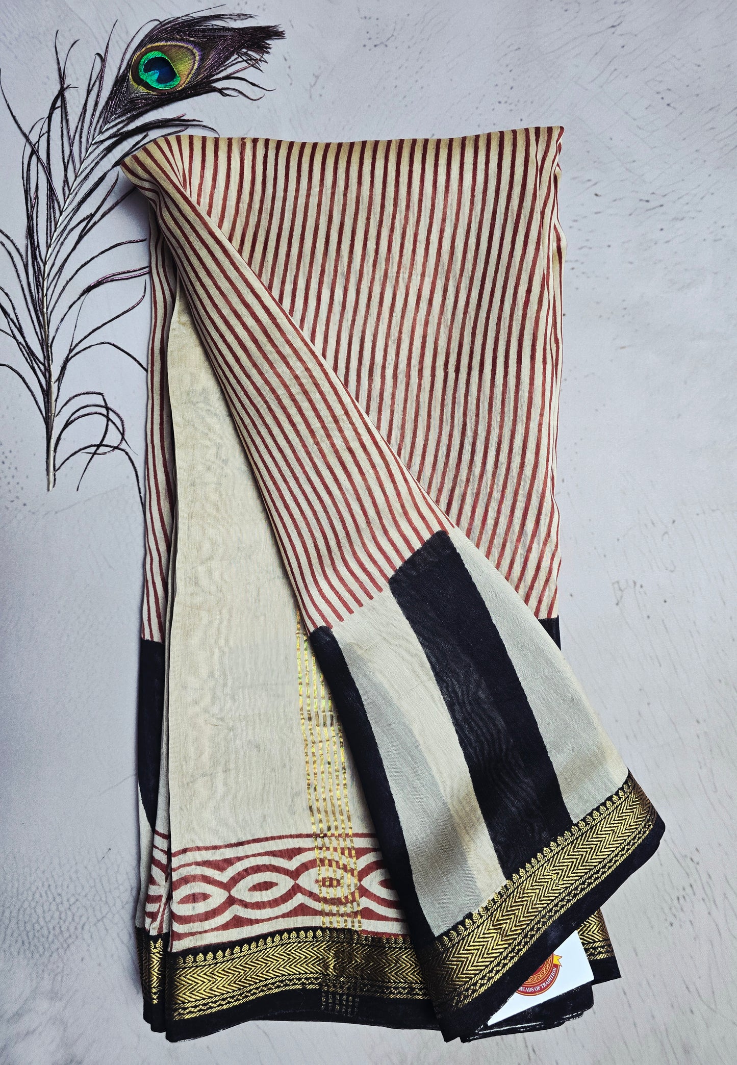 Ivory, Maroon & Black Maheshwari Silk Saree with Bold Striped Pallu and Zari Border