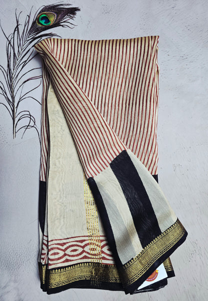 Ivory, Maroon & Black Maheshwari Silk Saree with Bold Striped Pallu and Zari Border