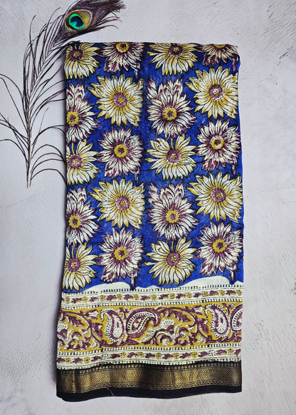 Royal Blue & Mustard Maheshwari Silk Saree with Floral Print, Paisley Border & Zari Finish