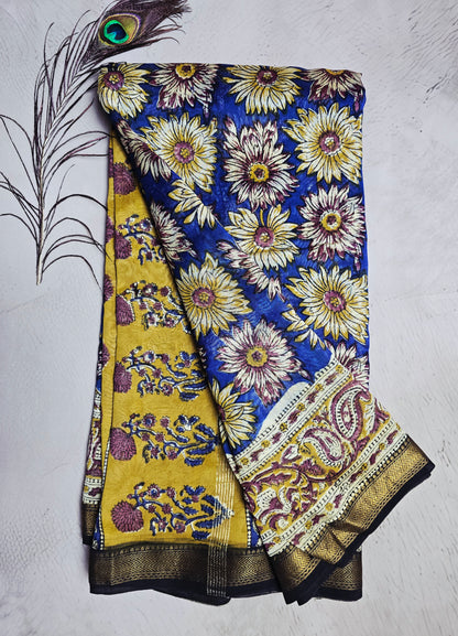 Royal Blue & Mustard Maheshwari Silk Saree with Floral Print, Paisley Border & Zari Finish