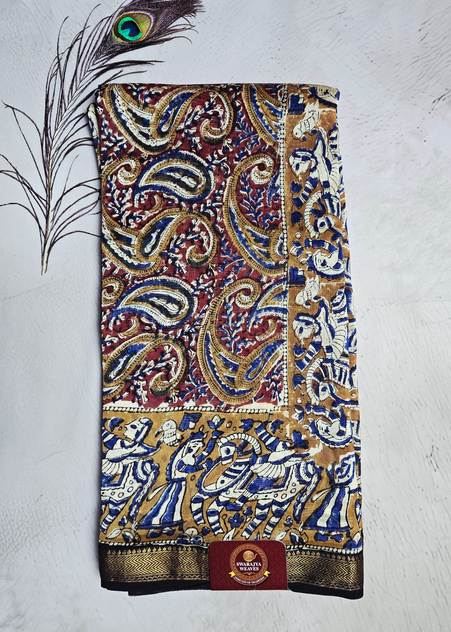 Maroon & Mustard Maheshwari Silk Saree with Paisley & Peacock Kalamkari-Inspired Motifs