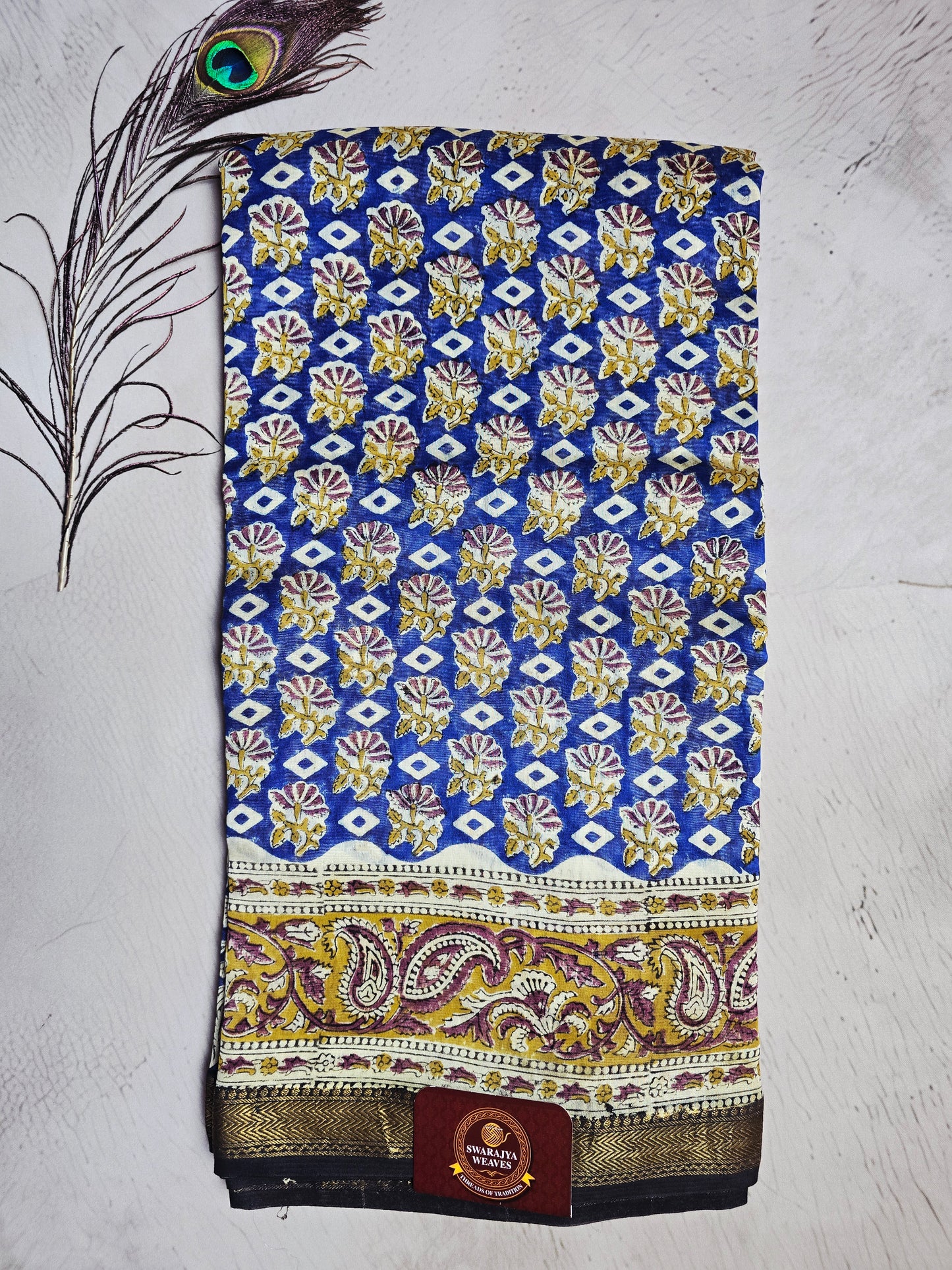Royal Blue & Mustard Maheshwari Silk Saree with Floral Booti, Paisley Border & Zari Finish