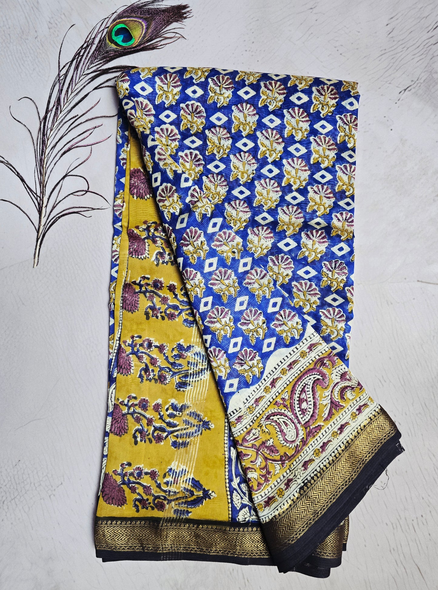 Royal Blue & Mustard Maheshwari Silk Saree with Floral Booti, Paisley Border & Zari Finish