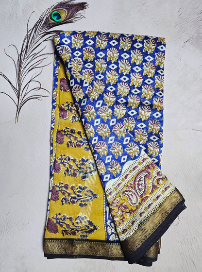 Royal Blue & Mustard Maheshwari Silk Saree with Floral Booti, Paisley Border & Zari Finish