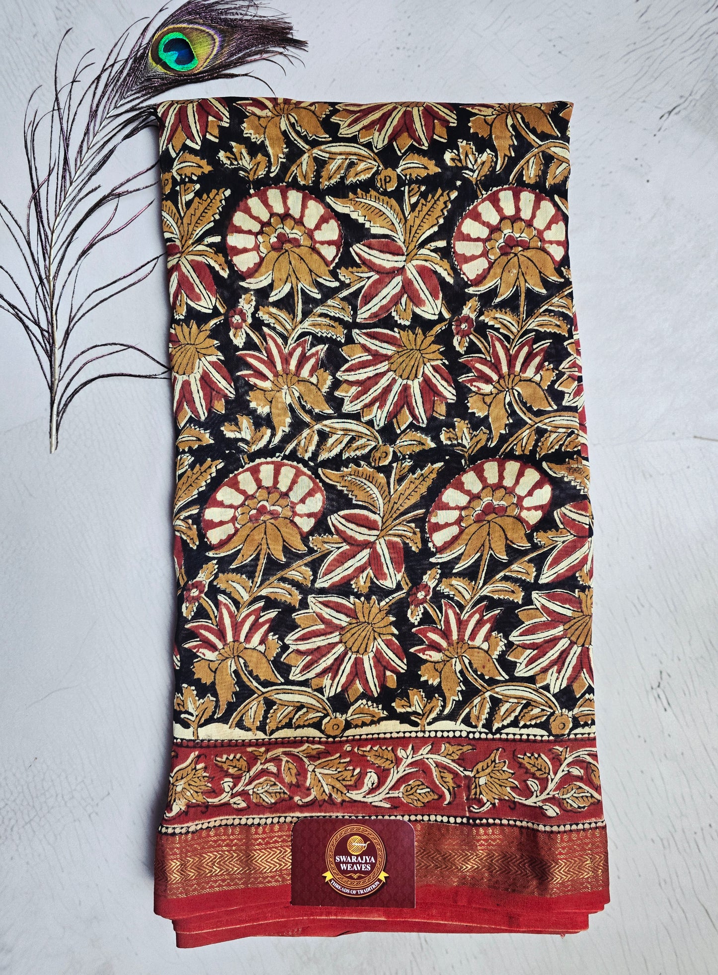 Black & Maroon Maheshwari Silk Saree with Floral Kalamkari-Inspired Motifs & Zari Border