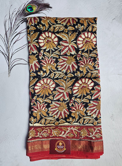 Black & Maroon Maheshwari Silk Saree with Floral Kalamkari-Inspired Motifs & Zari Border