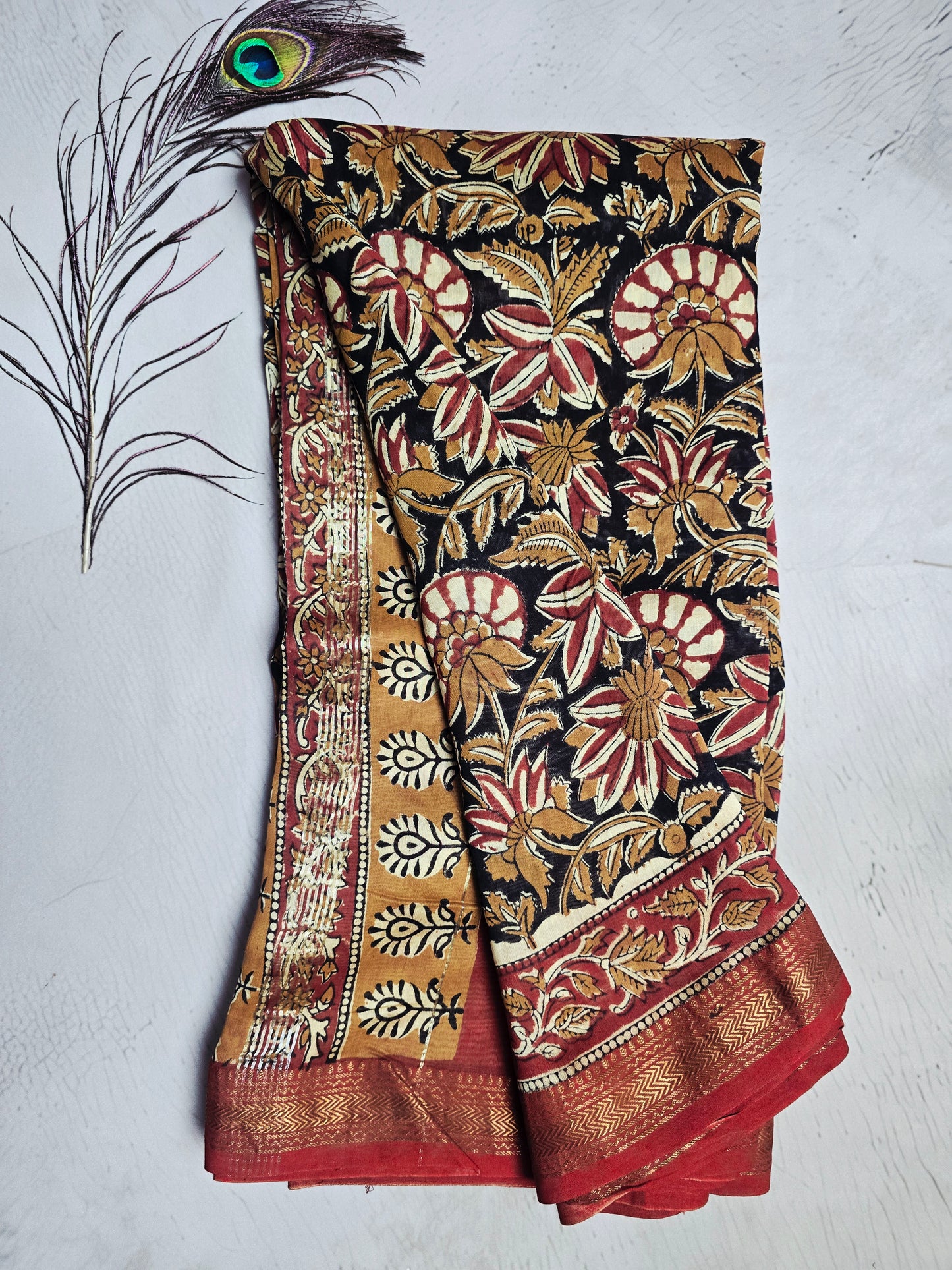 Black & Maroon Maheshwari Silk Saree with Floral Kalamkari-Inspired Motifs & Zari Border