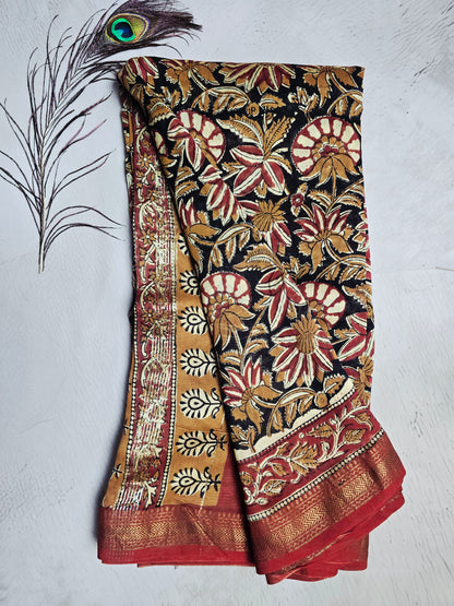 Black & Maroon Maheshwari Silk Saree with Floral Kalamkari-Inspired Motifs & Zari Border