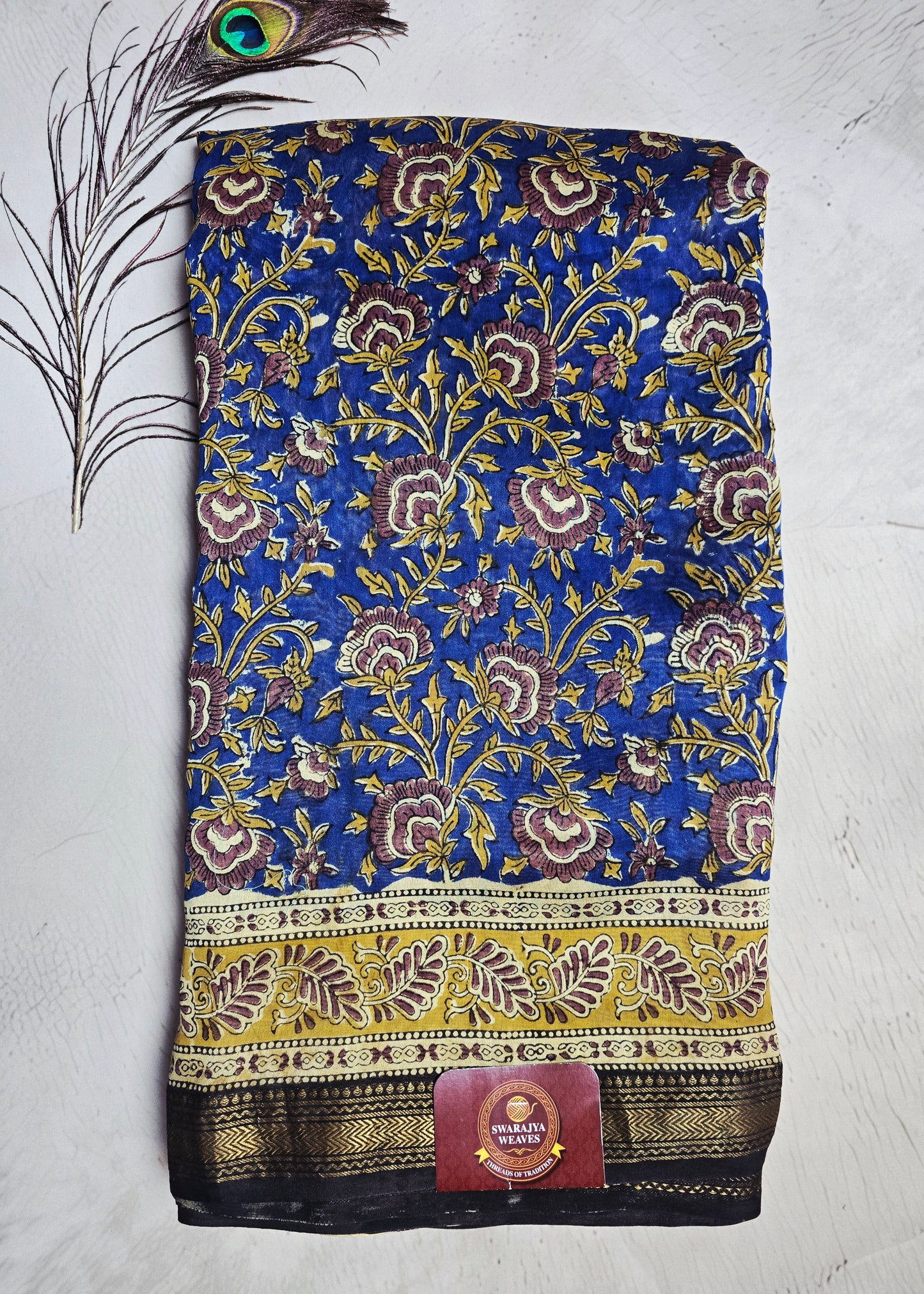 Royal Blue Maheshwari Silk Saree with Floral Vine Motifs & Antique-Gold Zari Border
