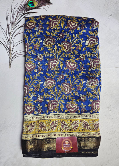 Royal Blue Maheshwari Silk Saree with Floral Vine Motifs & Antique-Gold Zari Border