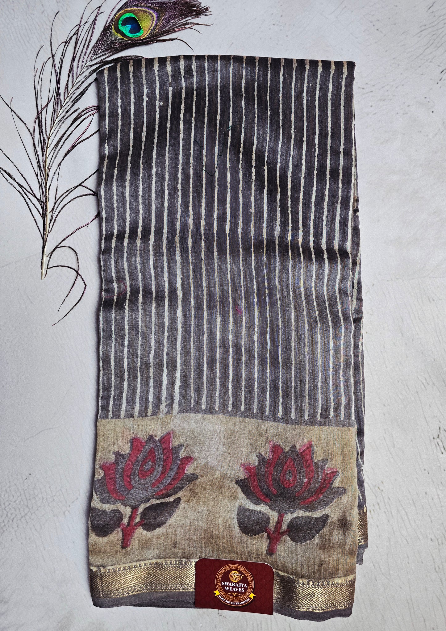 Charcoal Black & Beige Maheshwari Silk Saree with Red Lotus Motifs & Zari Border