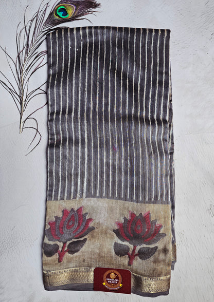 Charcoal Black & Beige Maheshwari Silk Saree with Red Lotus Motifs & Zari Border