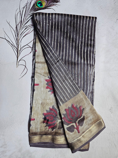 Charcoal Black & Beige Maheshwari Silk Saree with Red Lotus Motifs & Zari Border