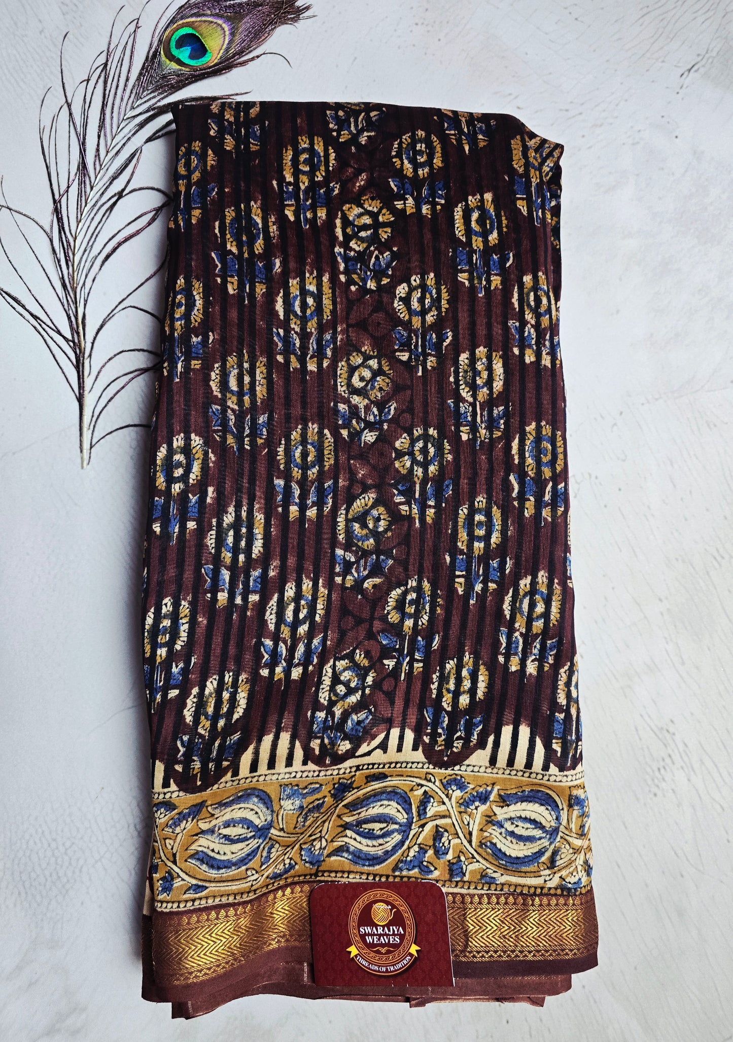 Maroon & Navy Blue Maheshwari Silk Saree with Floral Stripes & Gold Zari Border