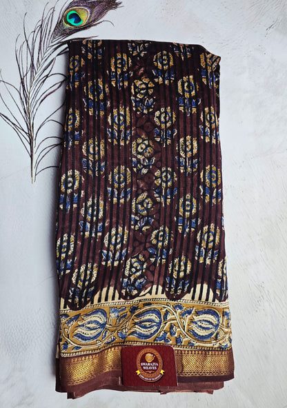 Maroon & Navy Blue Maheshwari Silk Saree with Floral Stripes & Gold Zari Border