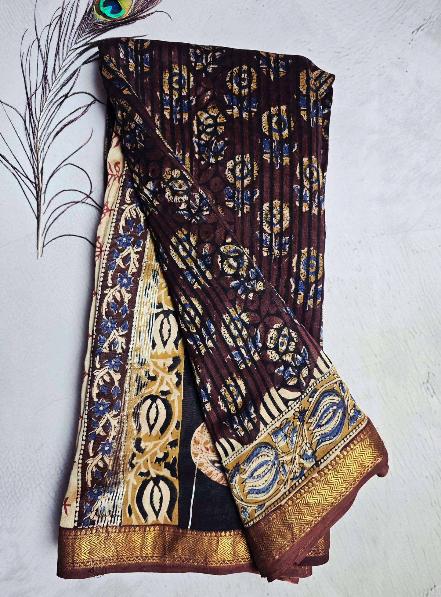 Maroon & Navy Blue Maheshwari Silk Saree with Floral Stripes & Gold Zari Border