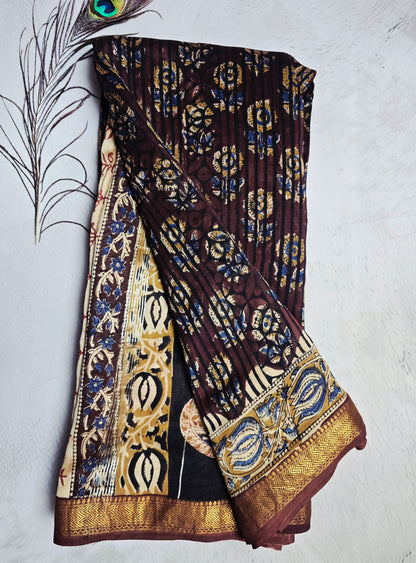 Maroon & Navy Blue Maheshwari Silk Saree with Floral Stripes & Gold Zari Border