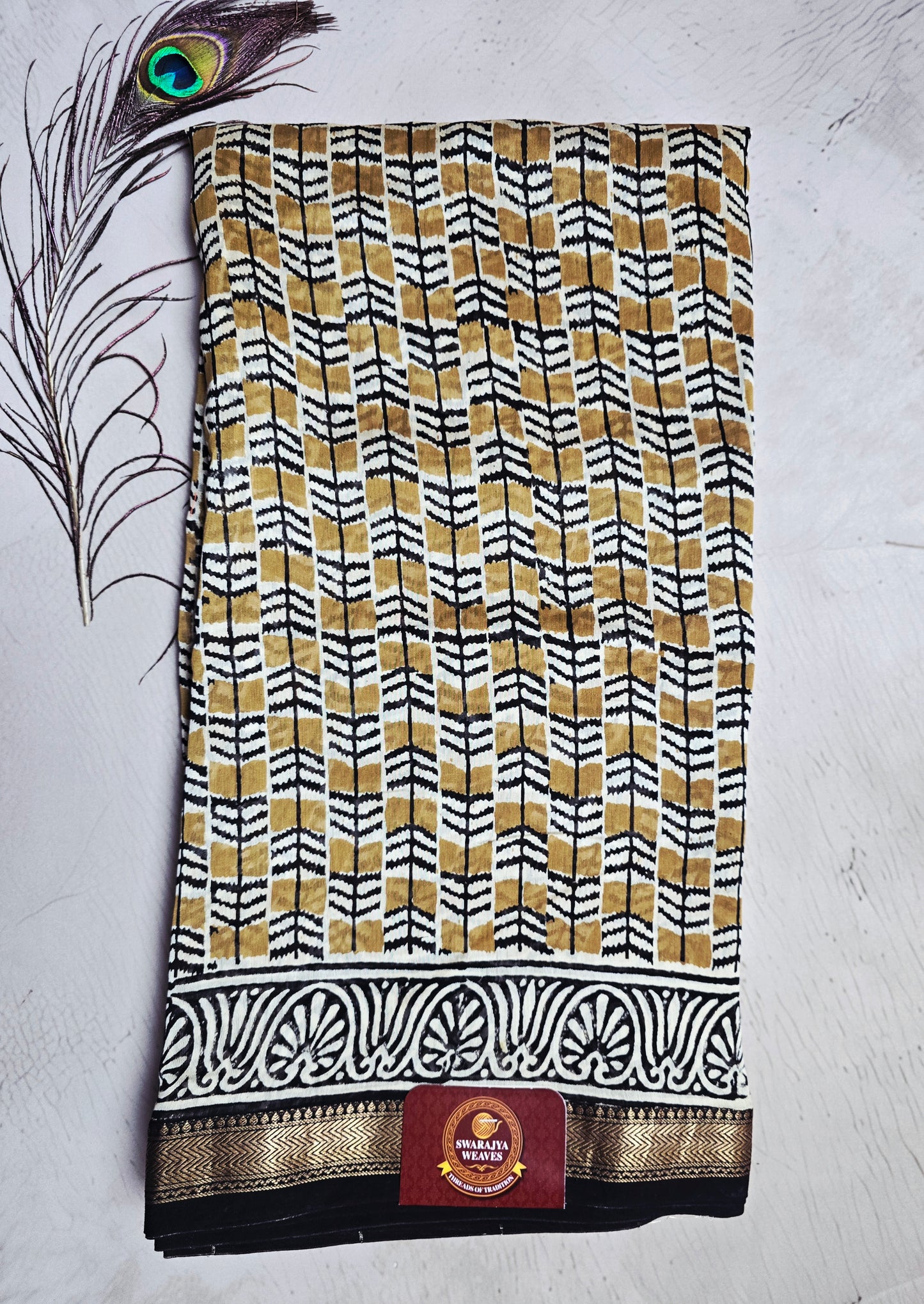 Ivory, Mustard & Black Maheshwari Silk Saree with Geometric Chevron Pattern