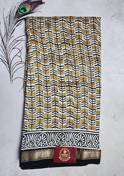 Ivory, Mustard & Black Maheshwari Silk Saree with Geometric Chevron Pattern
