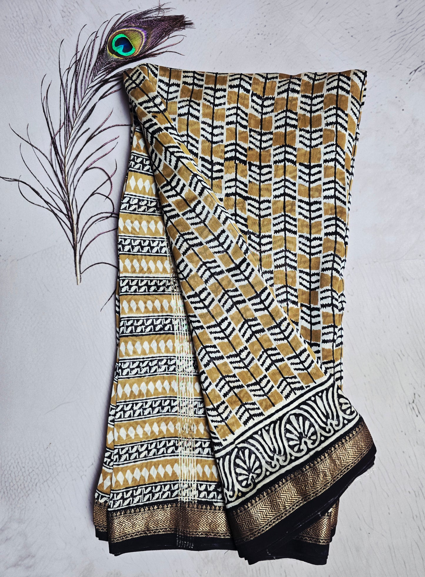 Ivory, Mustard & Black Maheshwari Silk Saree with Geometric Chevron Pattern
