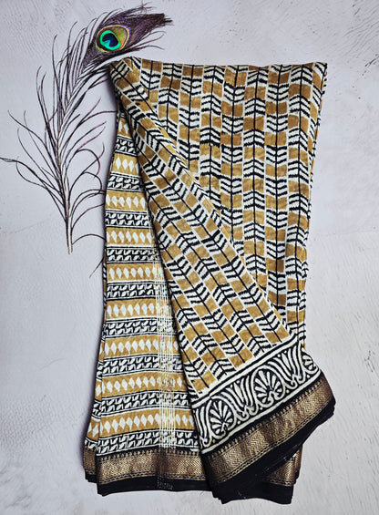 Ivory, Mustard & Black Maheshwari Silk Saree with Geometric Chevron Pattern