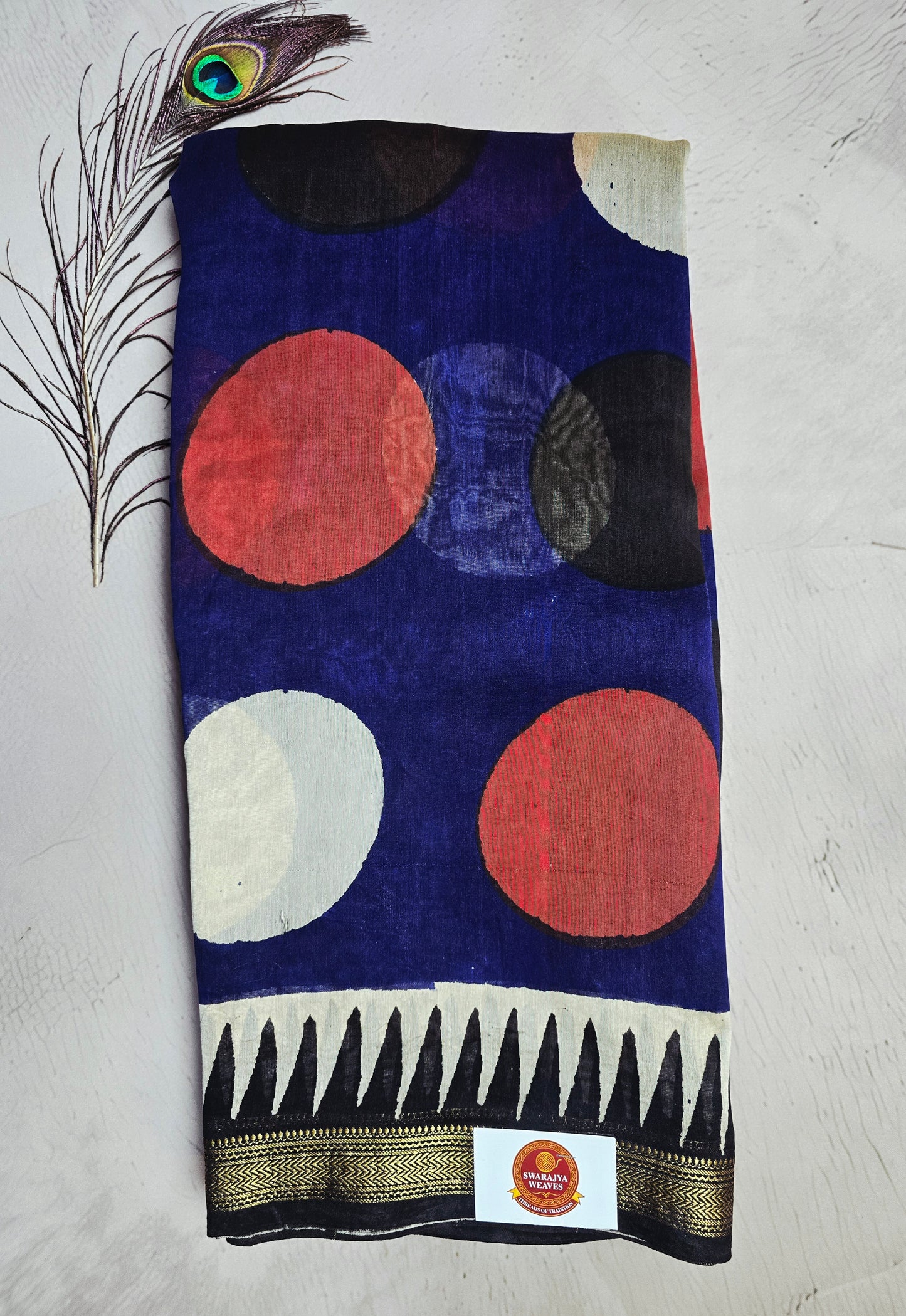 Navy Blue & Red Maheshwari Silk Saree with Bold Geometric Circle Motifs