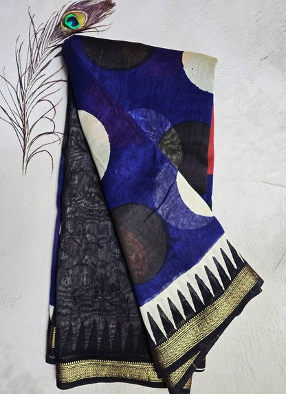 Navy Blue & Red Maheshwari Silk Saree with Bold Geometric Circle Motifs