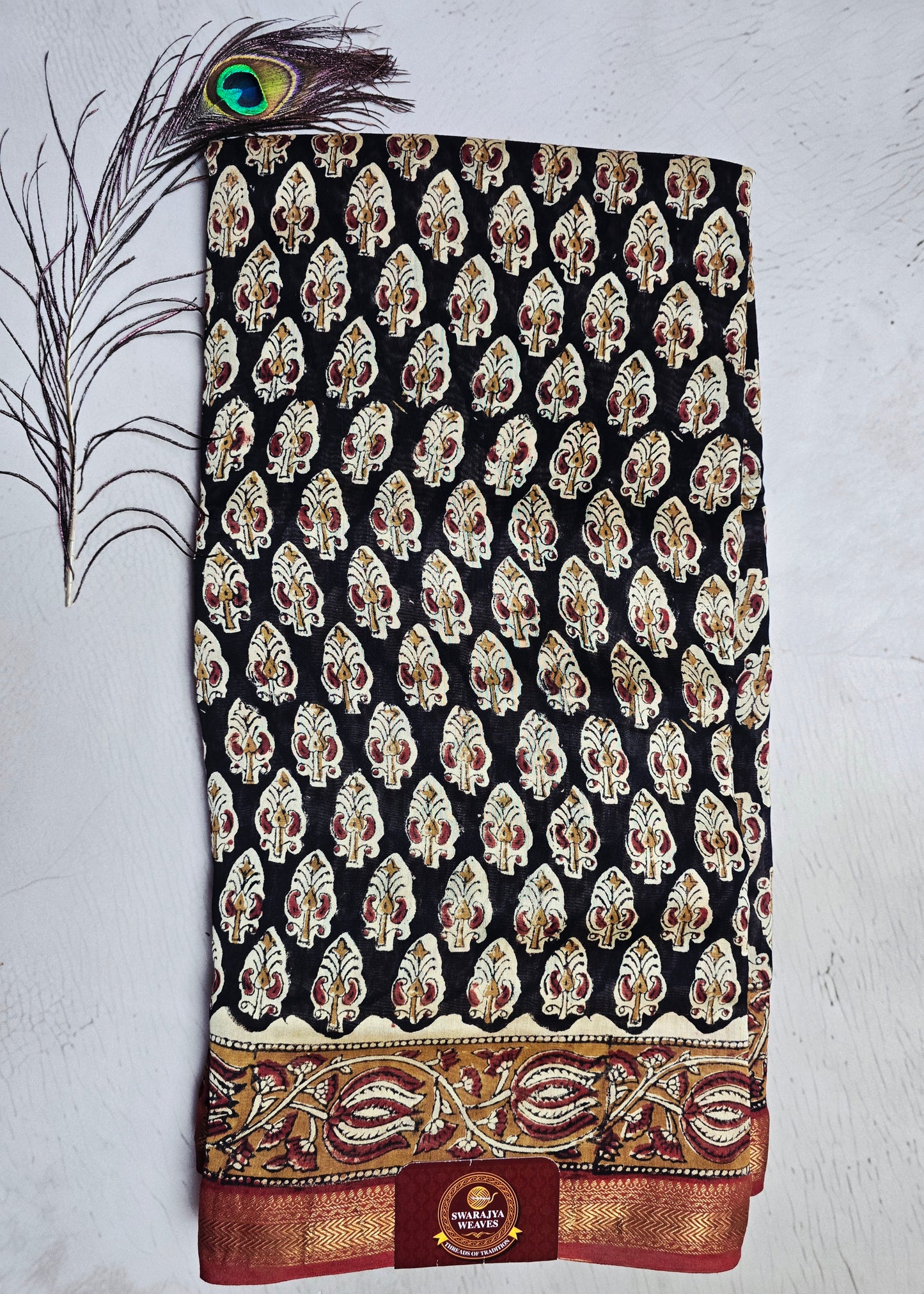 Black & Maroon Maheshwari Silk Saree with Ivory Buti Motifs & Antique-Gold Zari Border