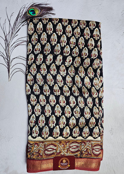 Black & Maroon Maheshwari Silk Saree with Ivory Buti Motifs & Antique-Gold Zari Border