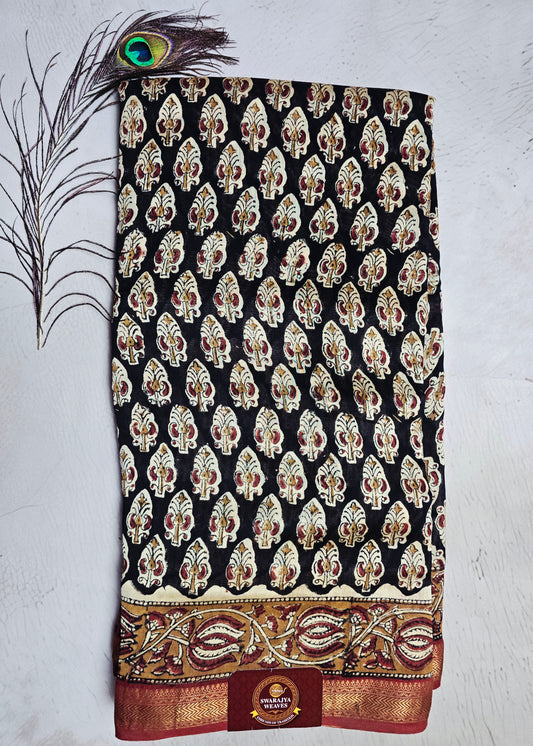 Black & Maroon Maheshwari Silk Saree with Ivory Buti Motifs & Antique-Gold Zari Border