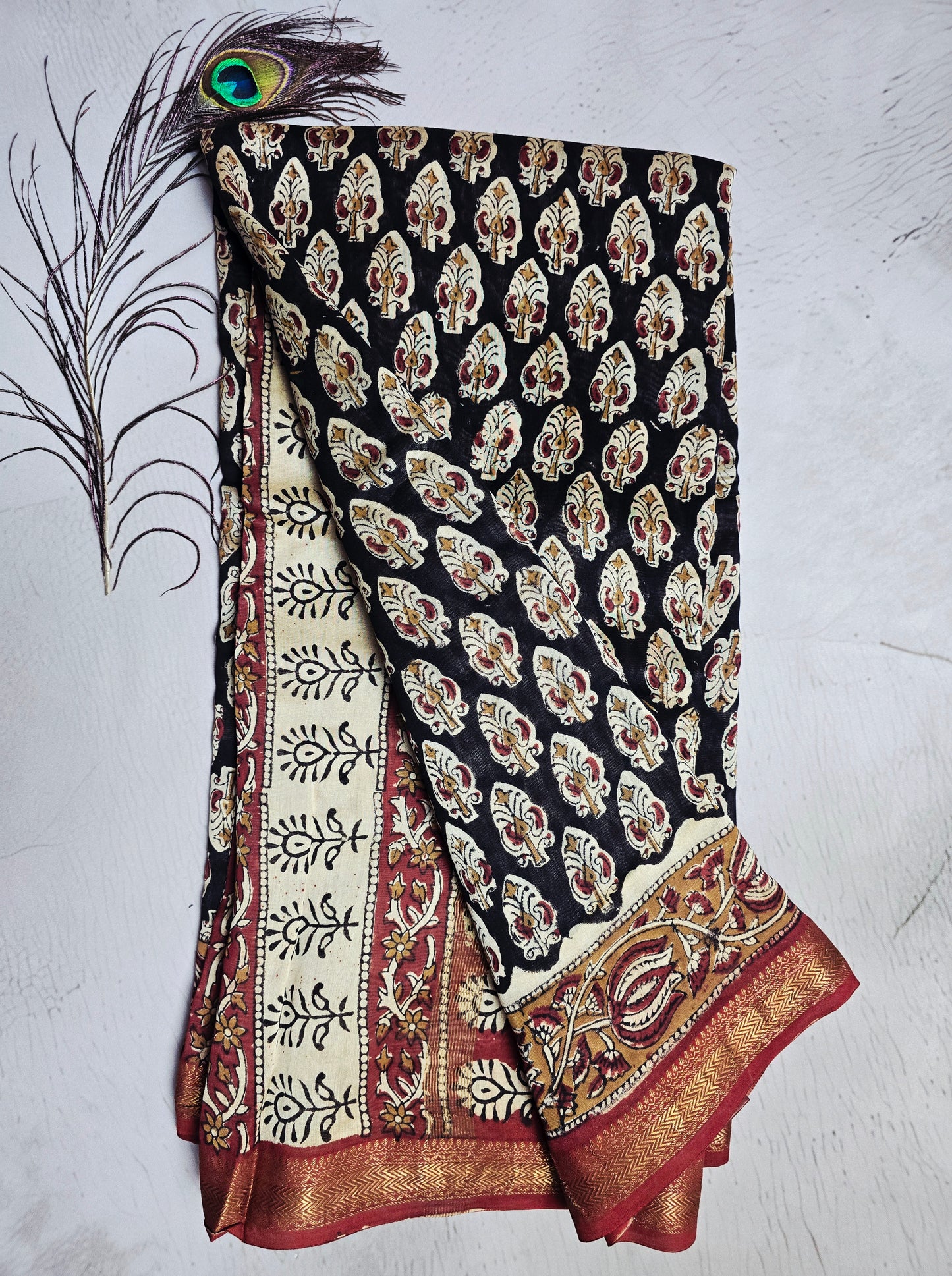 Black & Maroon Maheshwari Silk Saree with Ivory Buti Motifs & Antique-Gold Zari Border