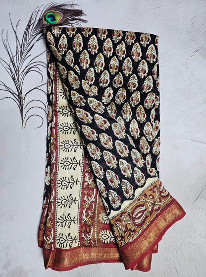 Black & Maroon Maheshwari Silk Saree with Ivory Buti Motifs & Antique-Gold Zari Border