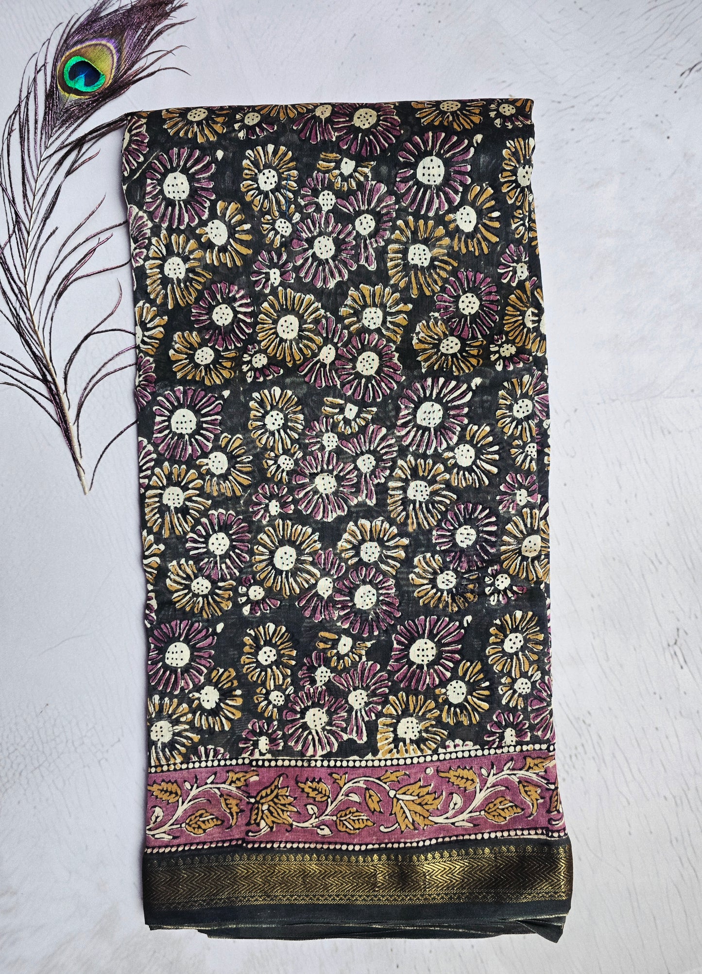 Charcoal Black Maheshwari Silk Saree with Mustard & Plum Floral Print