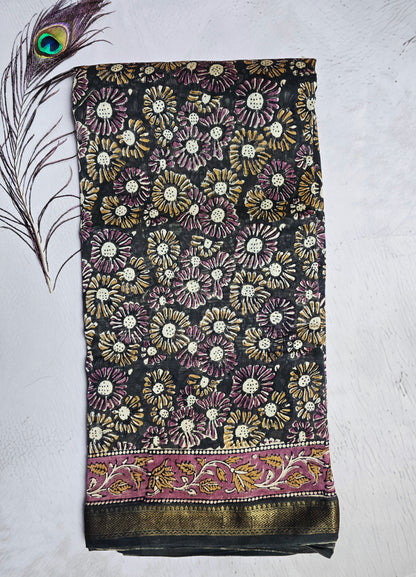 Charcoal Black Maheshwari Silk Saree with Mustard & Plum Floral Print