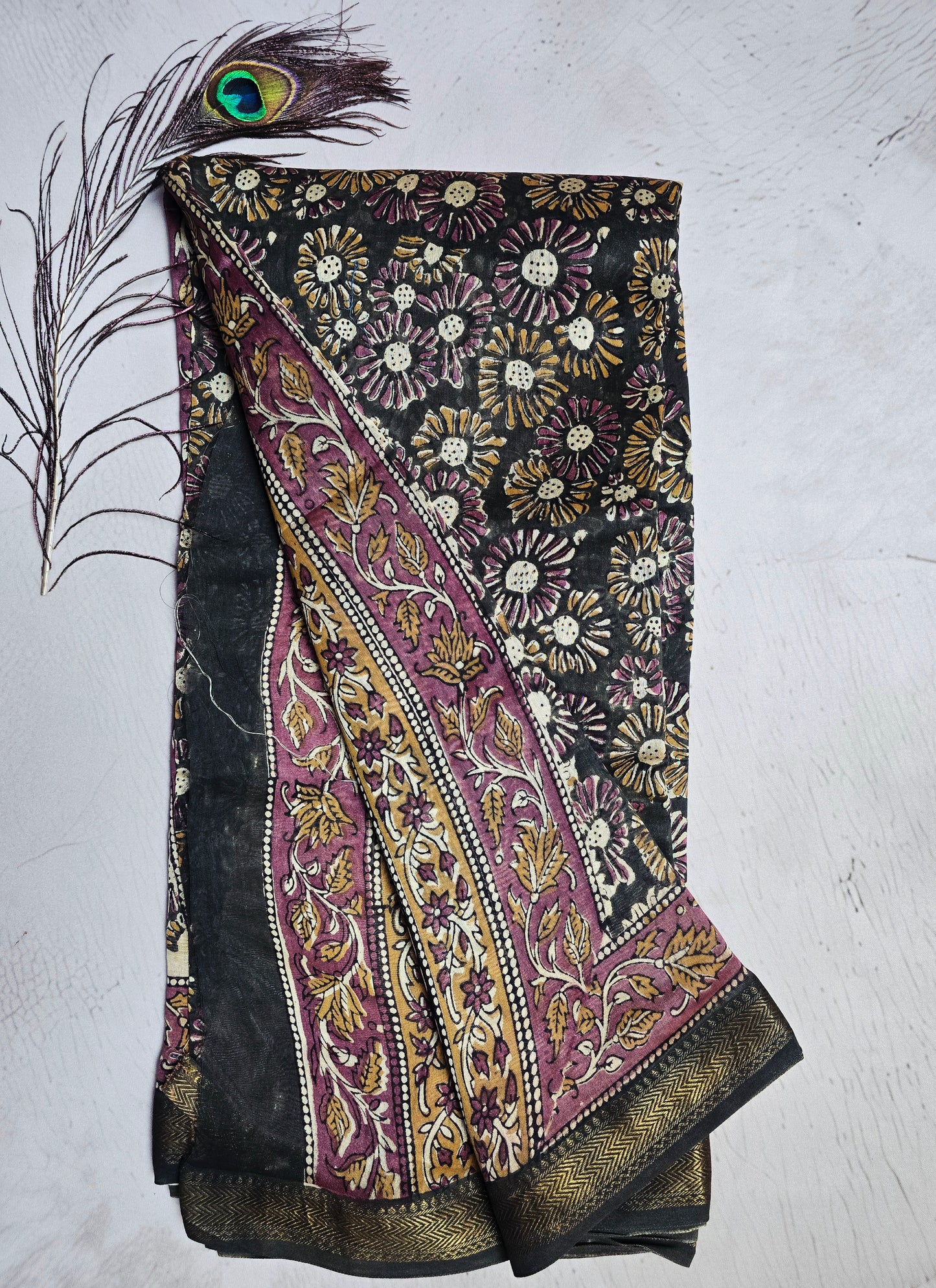 Charcoal Black Maheshwari Silk Saree with Mustard & Plum Floral Print