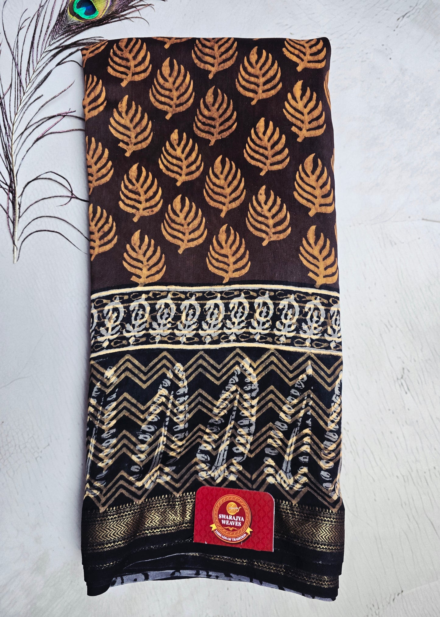 Brown & Black Maheshwari Silk Saree with Mustard Leaf Motifs & Gold Zari Chevron Border