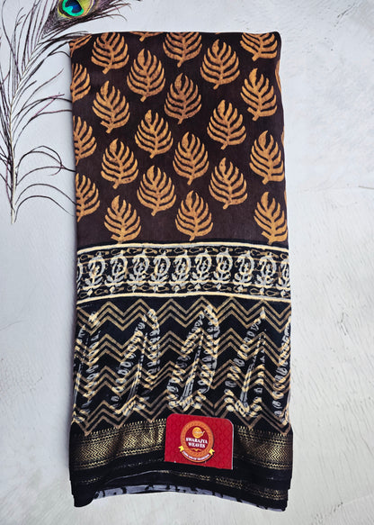Brown & Black Maheshwari Silk Saree with Mustard Leaf Motifs & Gold Zari Chevron Border