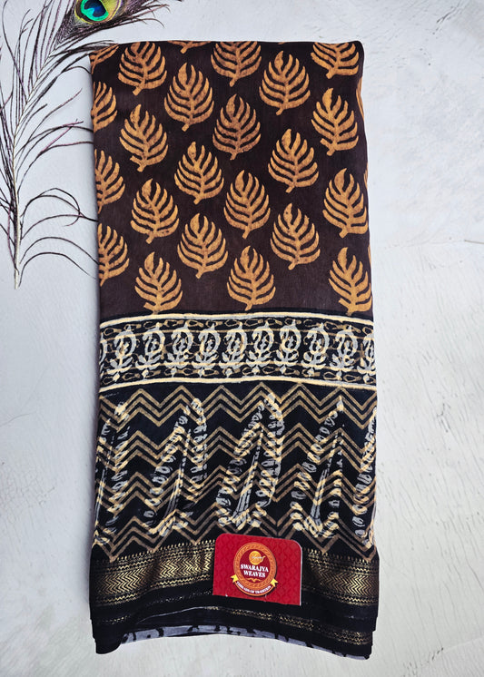 Brown & Black Maheshwari Silk Saree with Mustard Leaf Motifs & Gold Zari Chevron Border