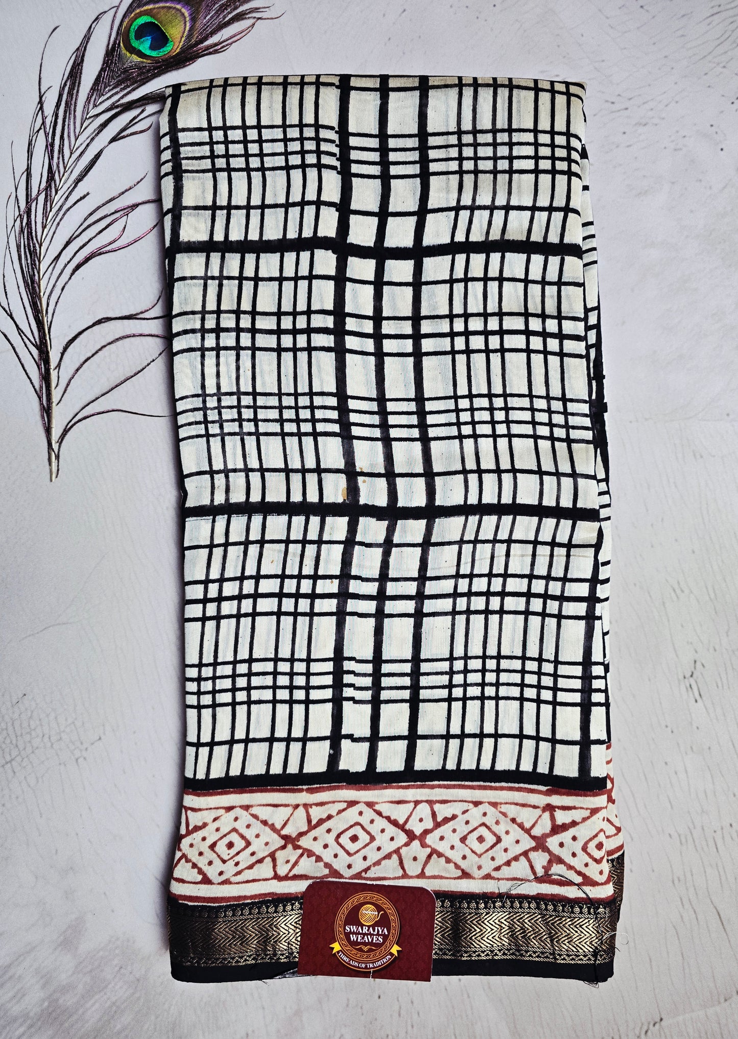 Ivory & Black Maheshwari Silk Saree with Hand-Drawn Checks, Red Geometric Border & Antique-Gold Zari