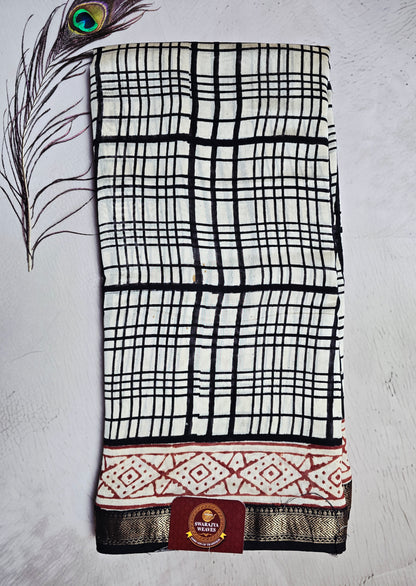 Ivory & Black Maheshwari Silk Saree with Hand-Drawn Checks, Red Geometric Border & Antique-Gold Zari