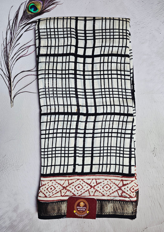 Ivory & Black Maheshwari Silk Saree with Hand-Drawn Checks, Red Geometric Border & Antique-Gold Zari