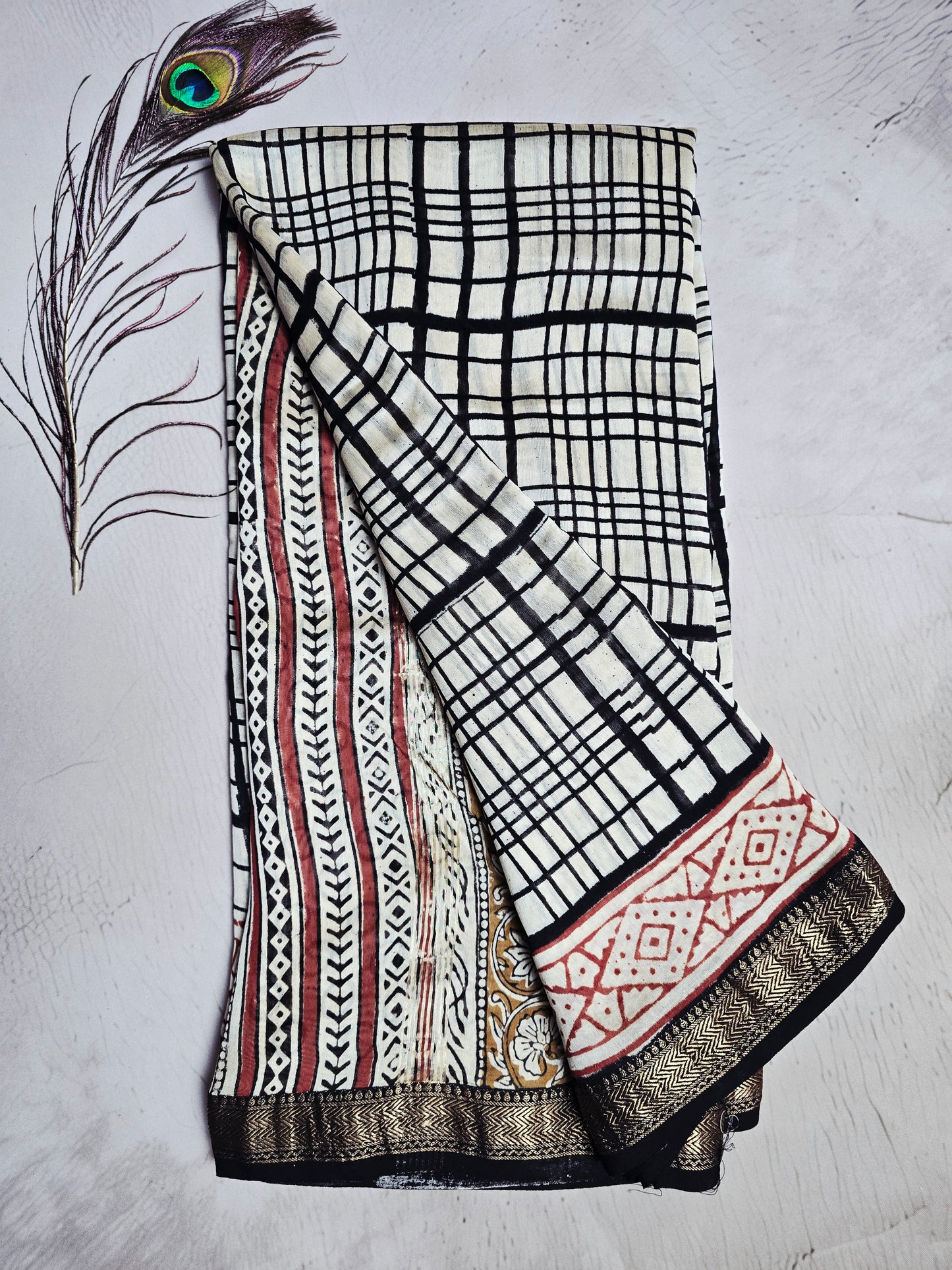 Ivory & Black Maheshwari Silk Saree with Hand-Drawn Checks, Red Geometric Border & Antique-Gold Zari