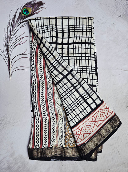 Ivory & Black Maheshwari Silk Saree with Hand-Drawn Checks, Red Geometric Border & Antique-Gold Zari