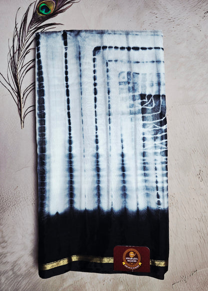 Indigo & White Chanderi Silk Ajrakh Handblock Saree with Black Border & Fine Zari