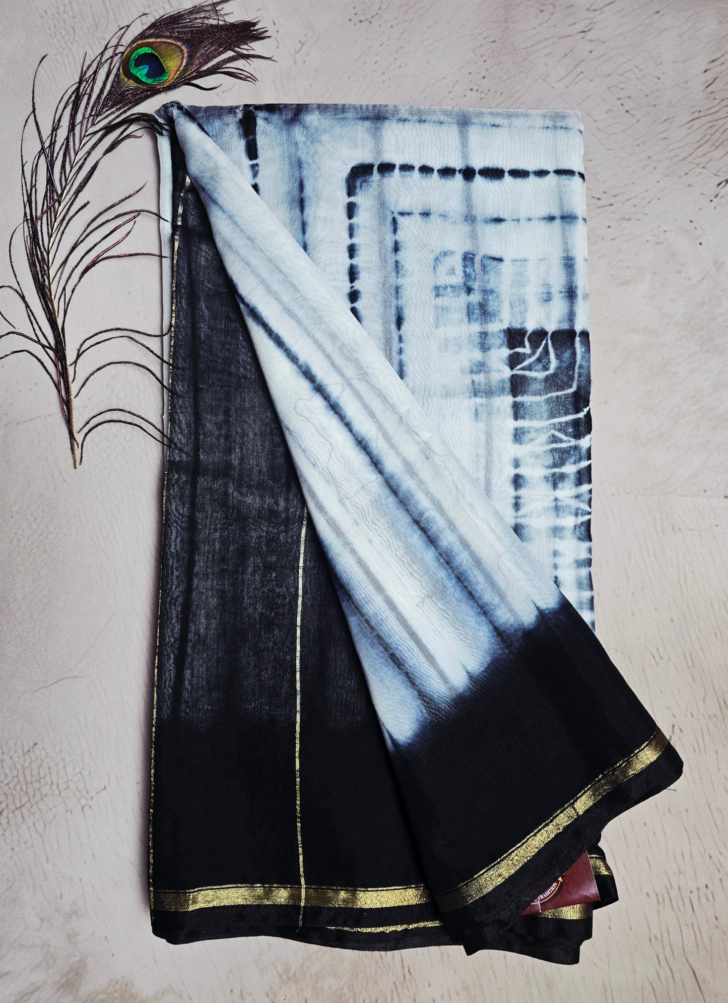 Indigo & White Chanderi Silk Ajrakh Handblock Saree with Black Border & Fine Zari