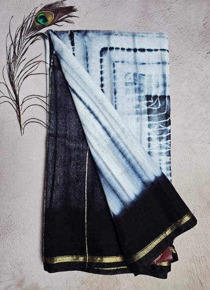 Indigo & White Chanderi Silk Ajrakh Handblock Saree with Black Border & Fine Zari